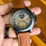 PN Inspired Automatic Skeleton Dial Watch - Light Brown Belt Black Bezel
